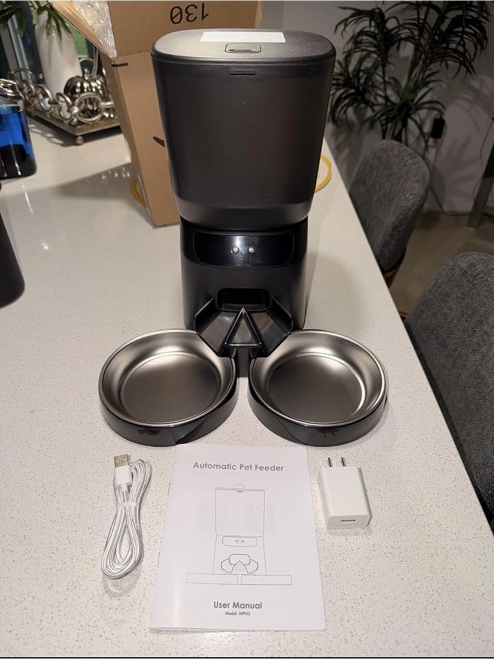 Automatic Pet Feeder with Dual Stainless Bowls - Black